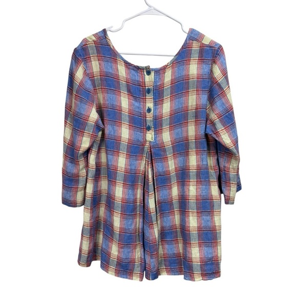 Flax Size Small Swing Tunic Top Blue Orange Plaid 100% Linen Back Button Design - Picture 3 of 8
